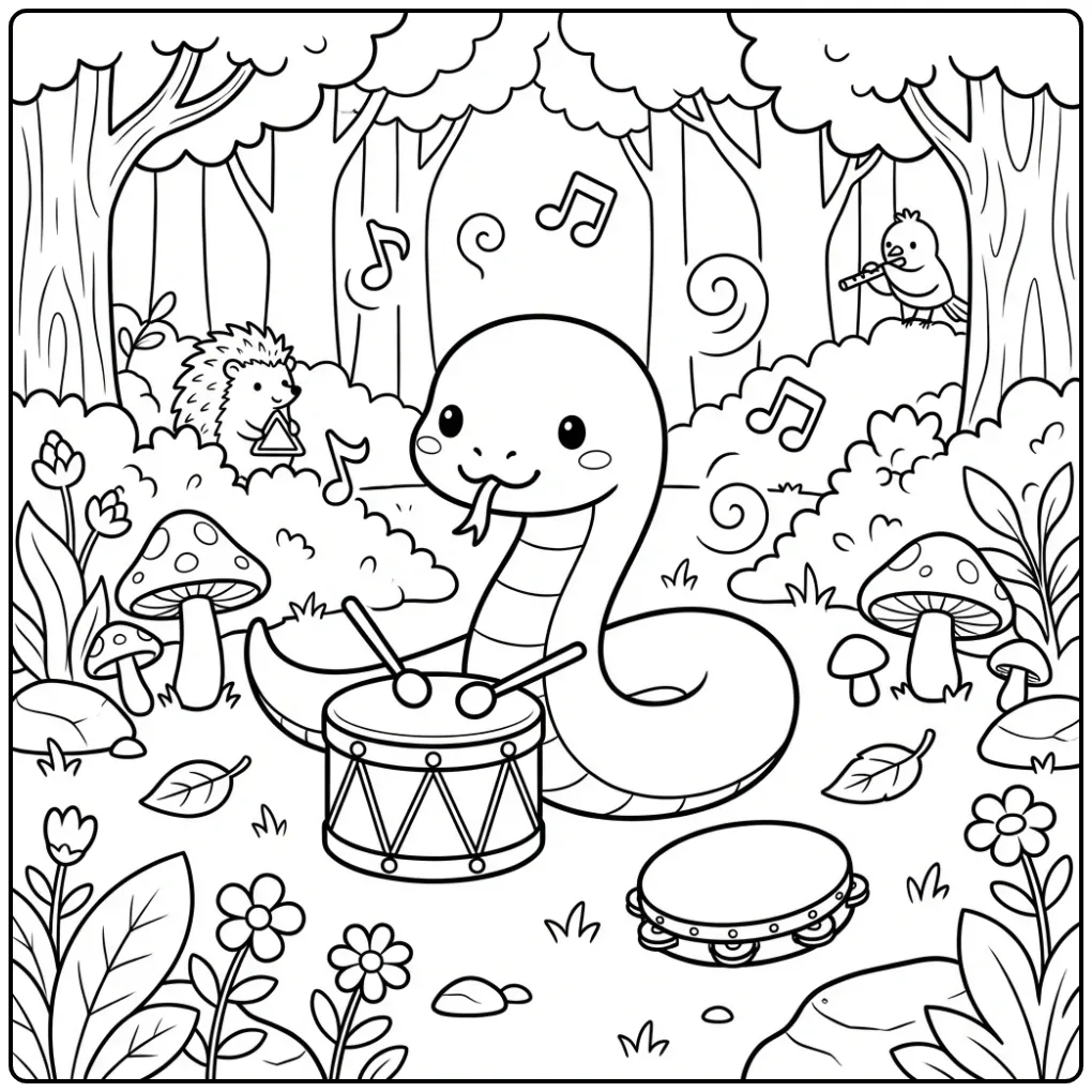 Snake coloring page showing a snake playing a drum in the forest