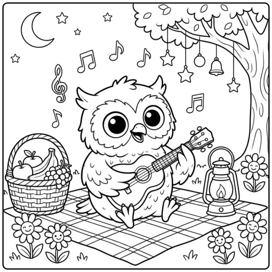 Owl coloring page playing a ukulele at a picnic