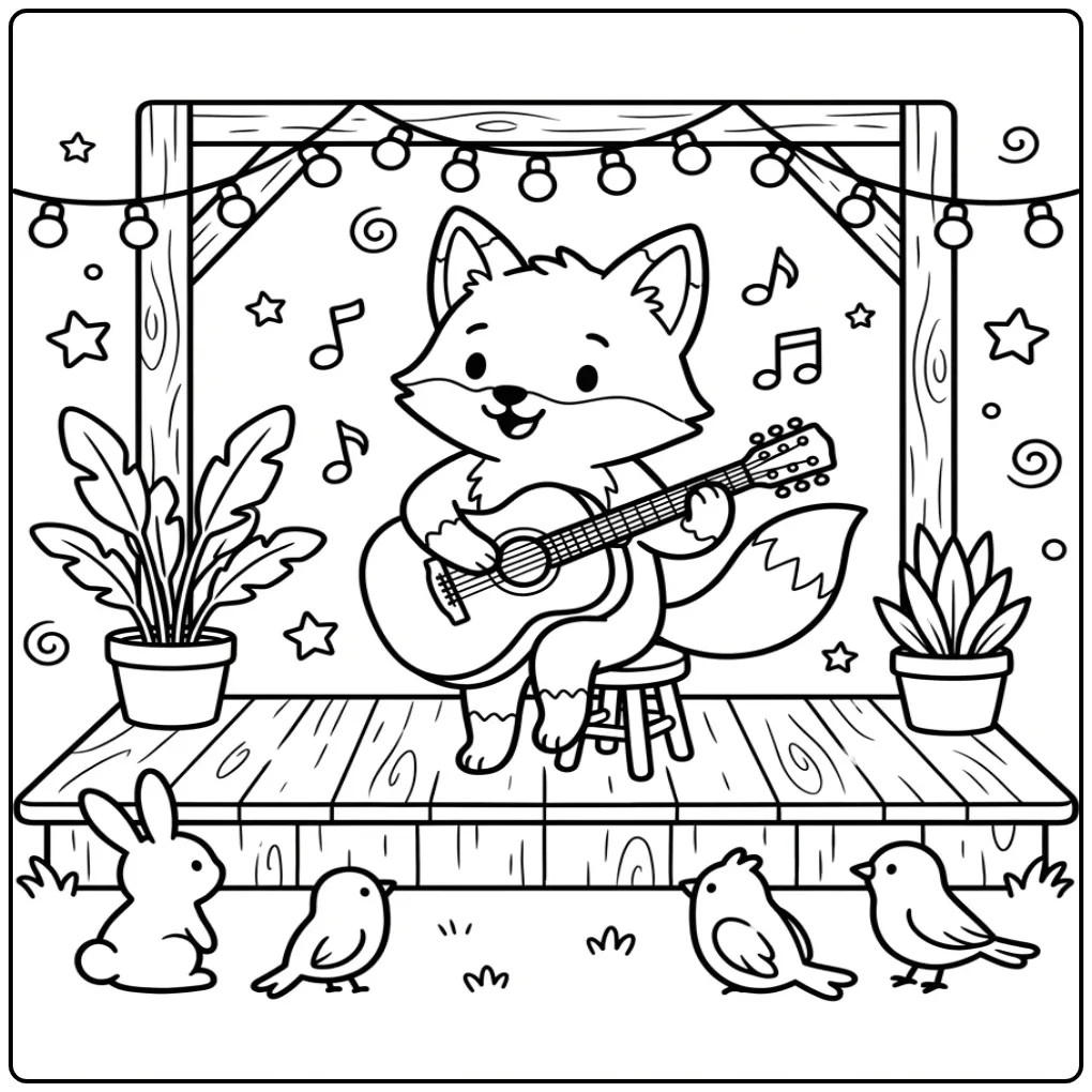 Fox coloring page playing guitar on a stage