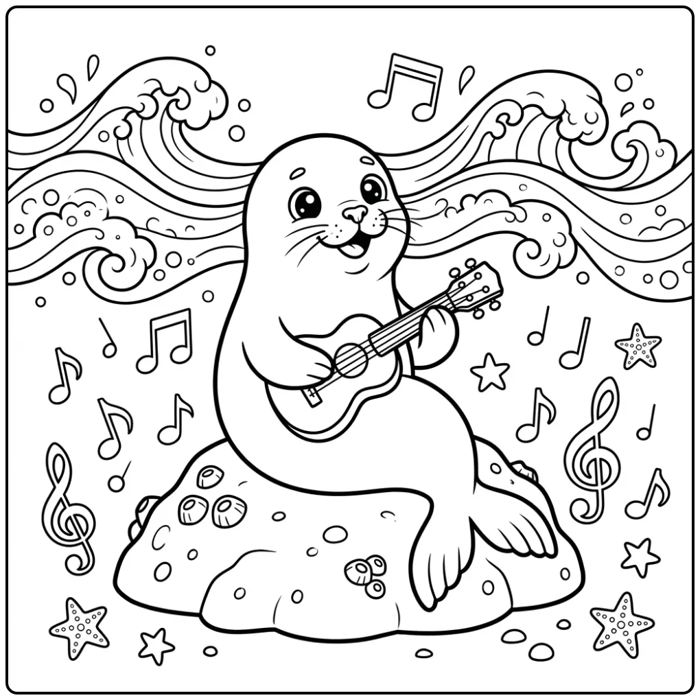 Seal coloring page featuring a musical seal on a rock