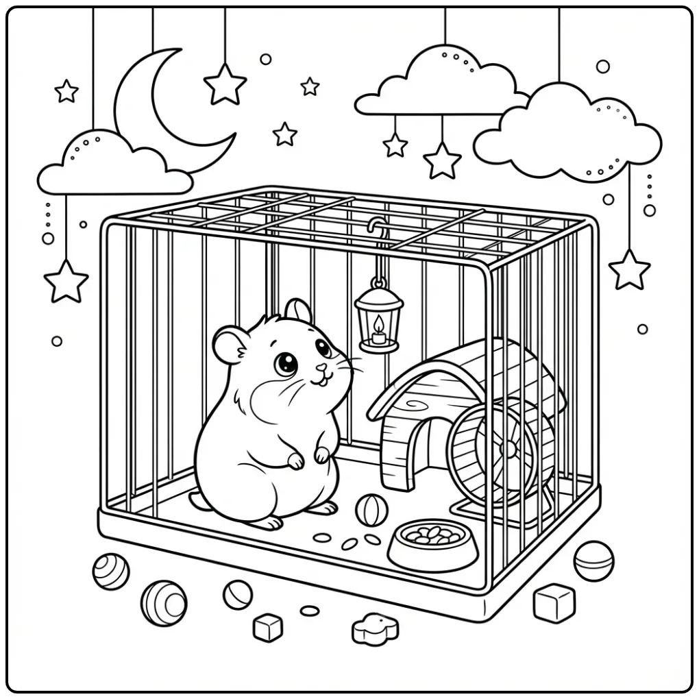 Hamster in cage coloring page looking at a lantern
