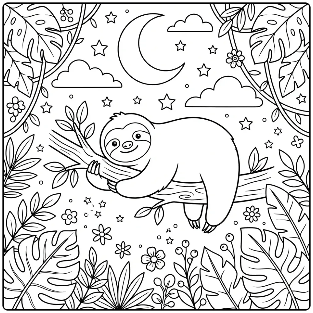 Cute sloth coloring page under the moon and stars