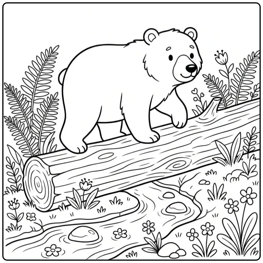 Bear coloring page stepping over a log in the forest