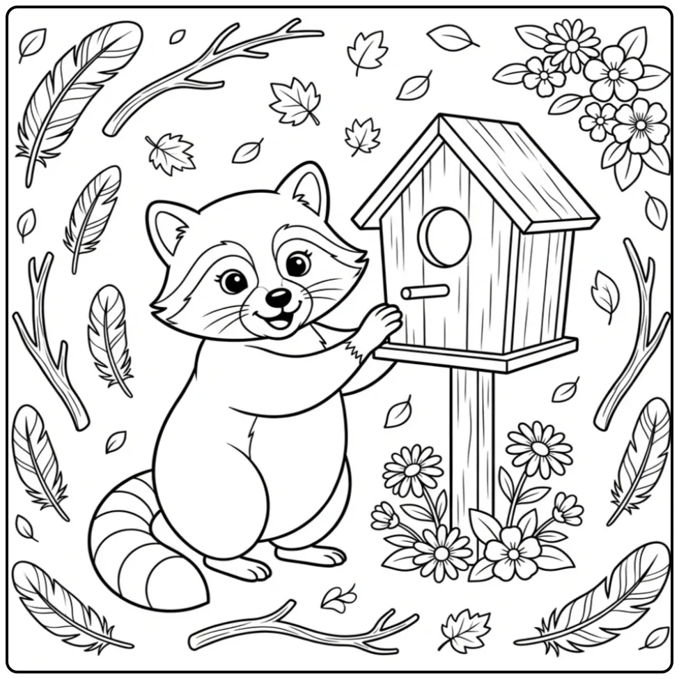 Cute raccoon coloring page by a wooden birdhouse