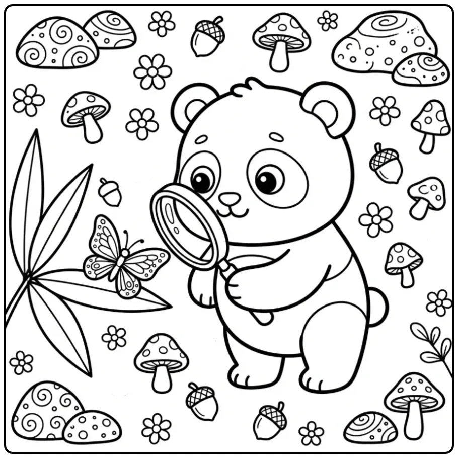 Baby panda coloring page with a magnifying glass