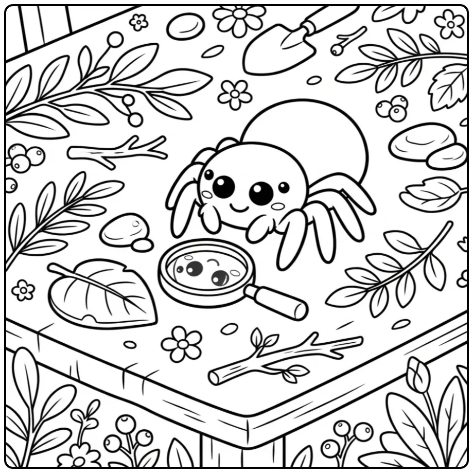 Spider coloring page looking in a magnifying glass