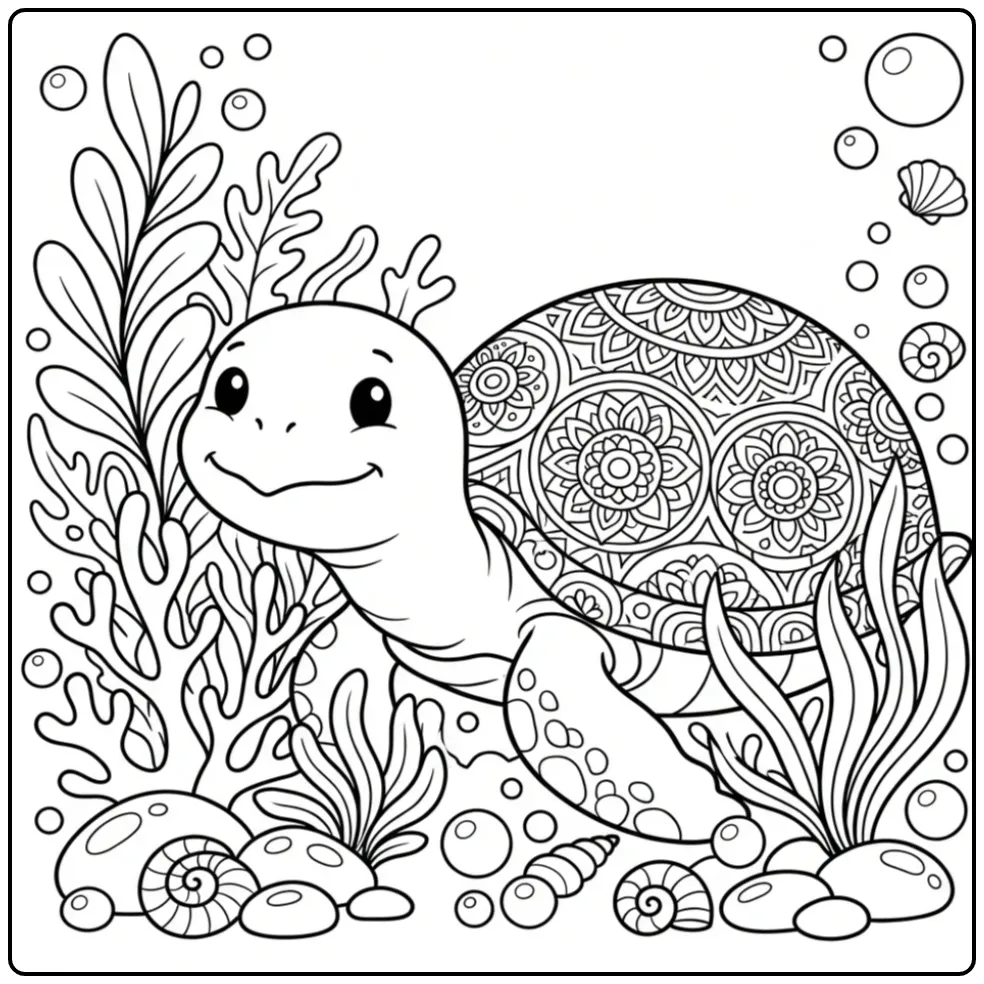 Mandala turtle coloring page behind ocean plants