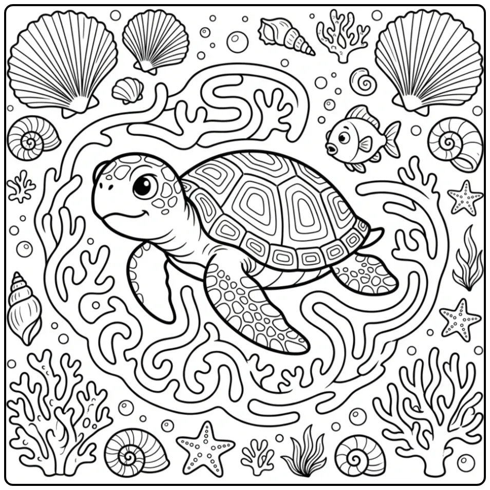 Detailed turtle coloring page in a coral reef with fish