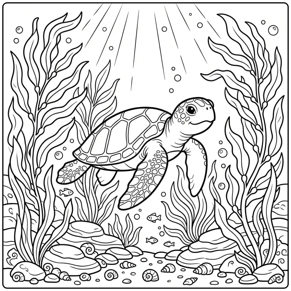 Detailed turtle coloring page in a kelp forest