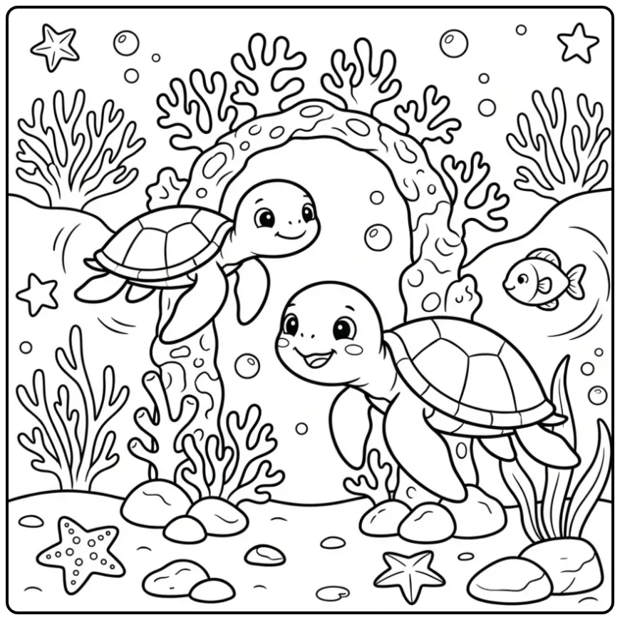 Turtles coloring page swimming through coral with fish