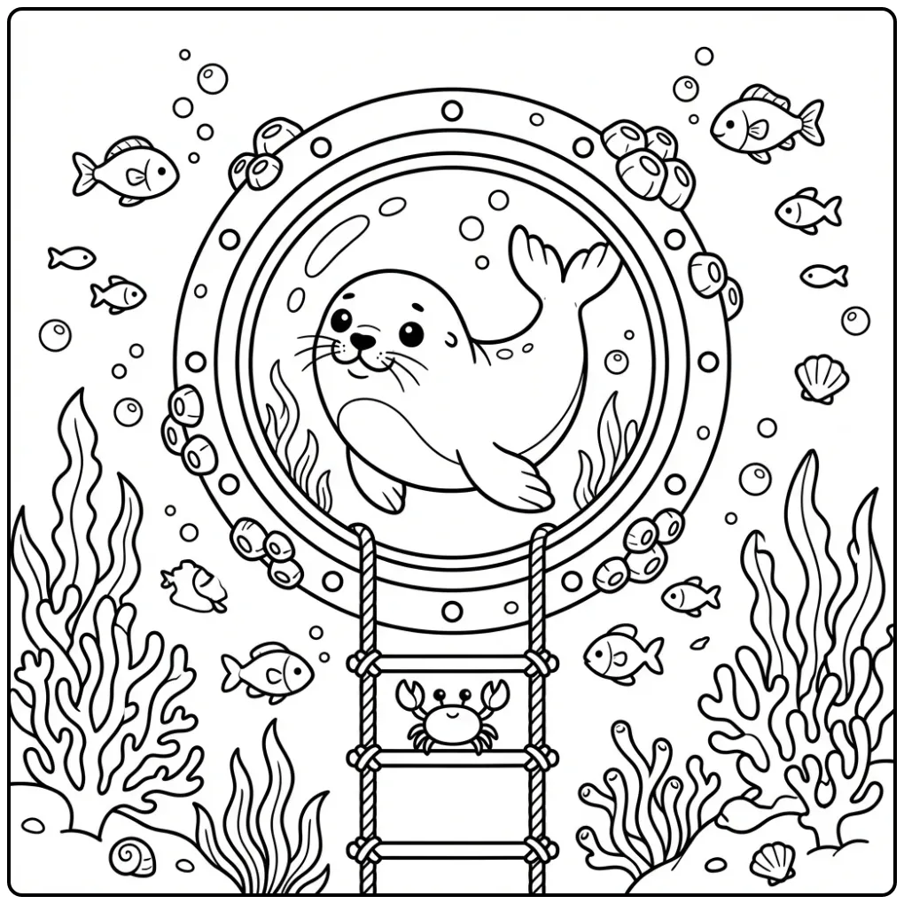 Seal coloring page showing a seal at a porthole