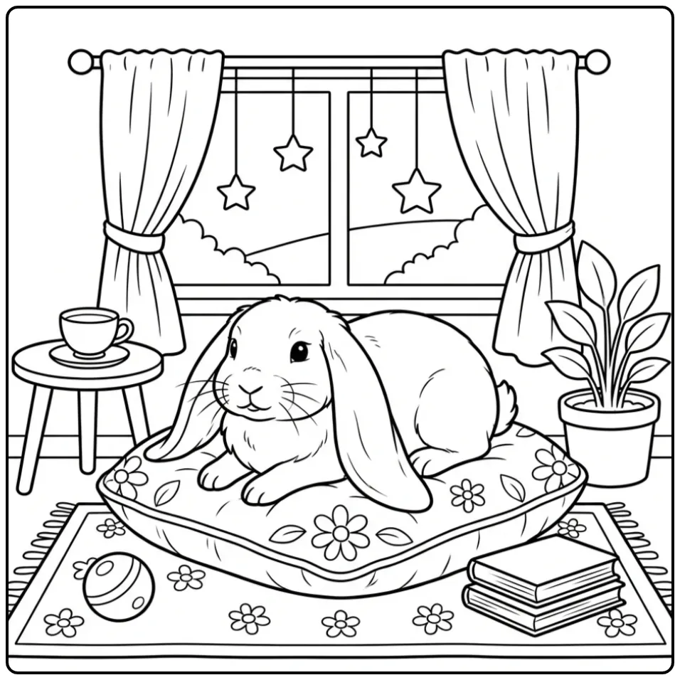 Lop-eared rabbit coloring page with tea