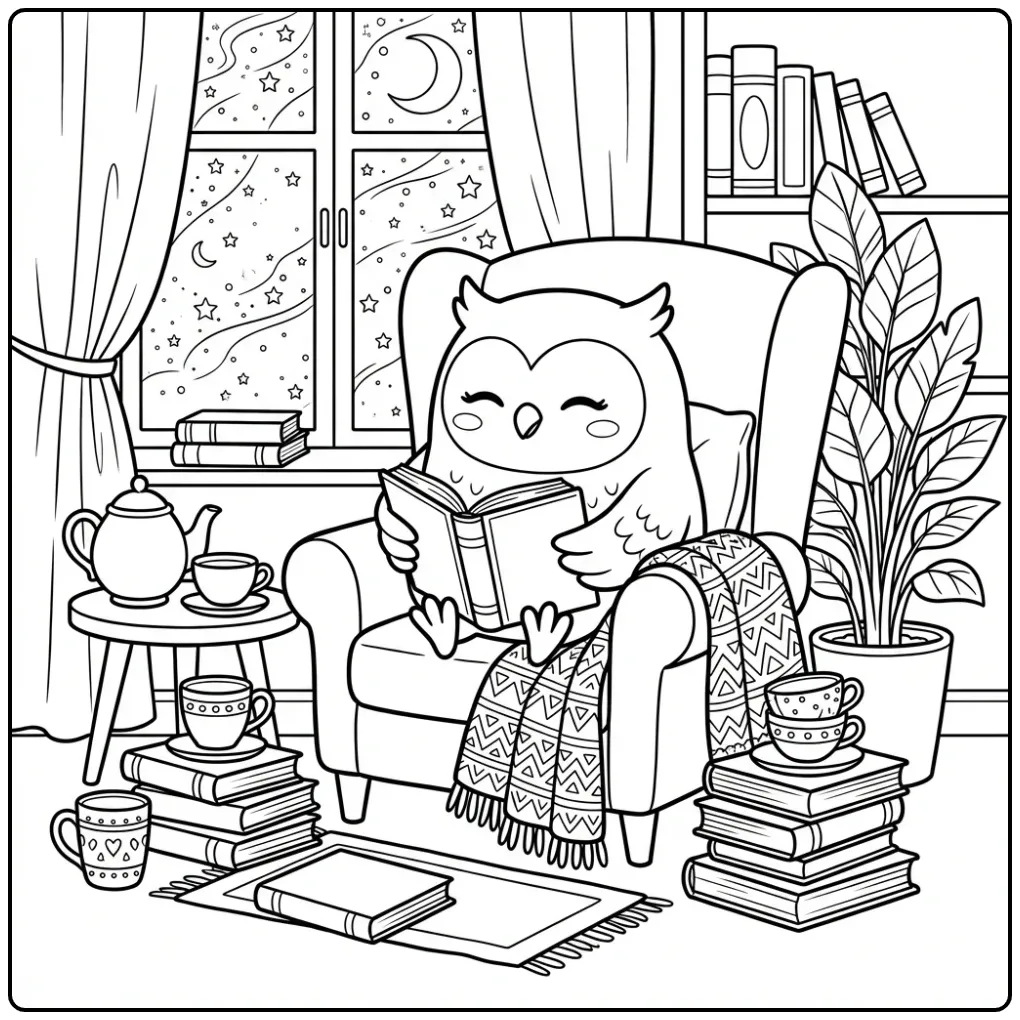 Adult owl coloring page in a reading chair with books
