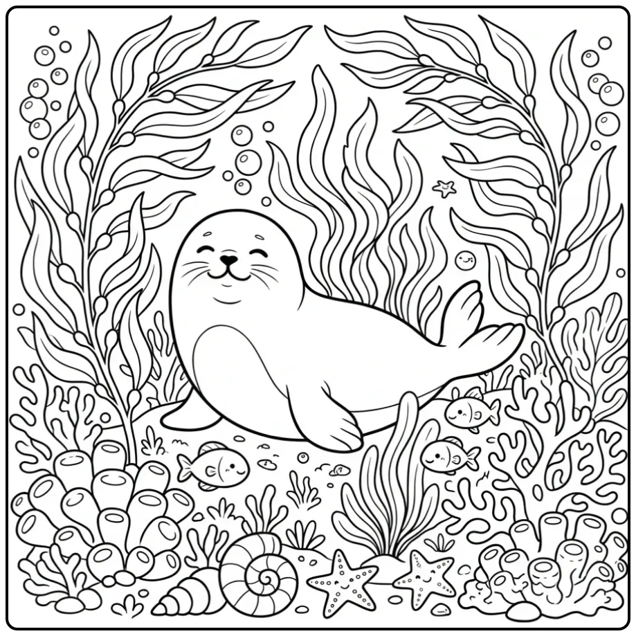 Seal coloring page featuring a seal in kelp