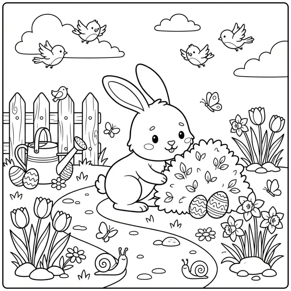 Easter Bunny coloring page searching for eggs in a garden
