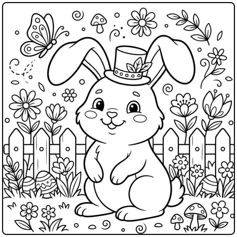 Easter Bunny ears coloring page with a hat and butterfly