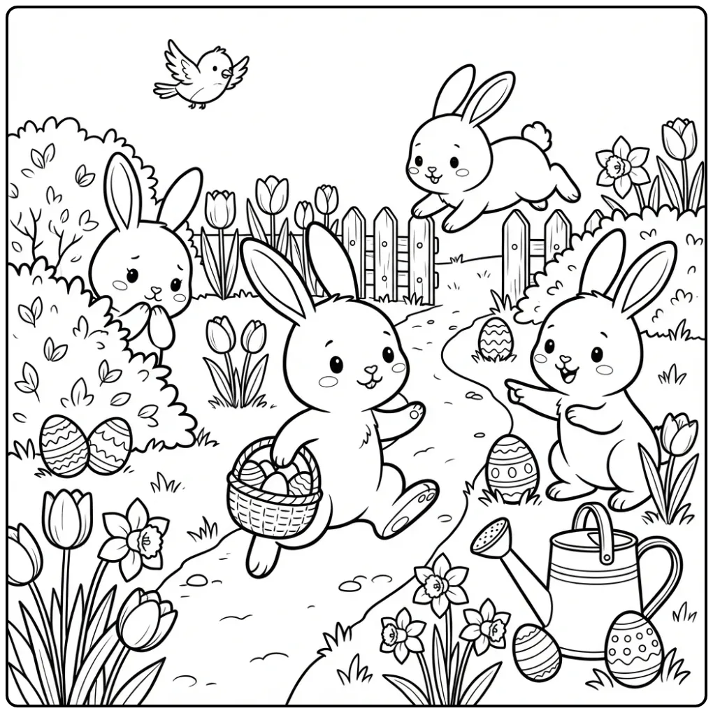 Easter bunnies coloring page hunting eggs in the garden