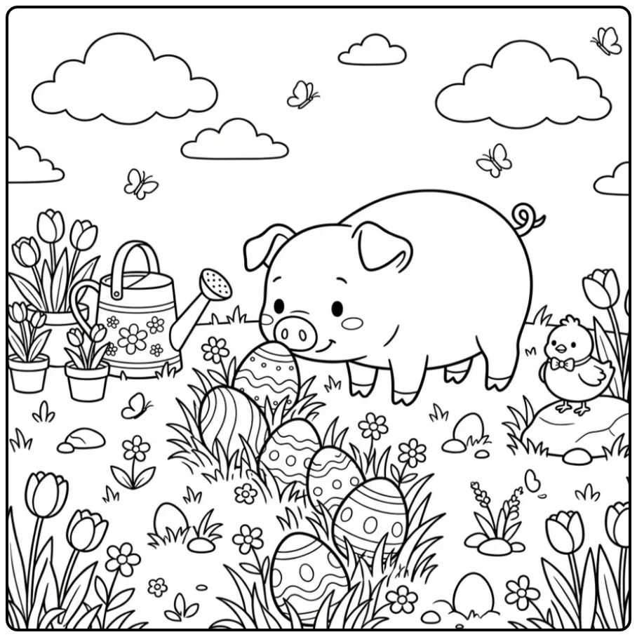 Easter pig coloring page looking for eggs