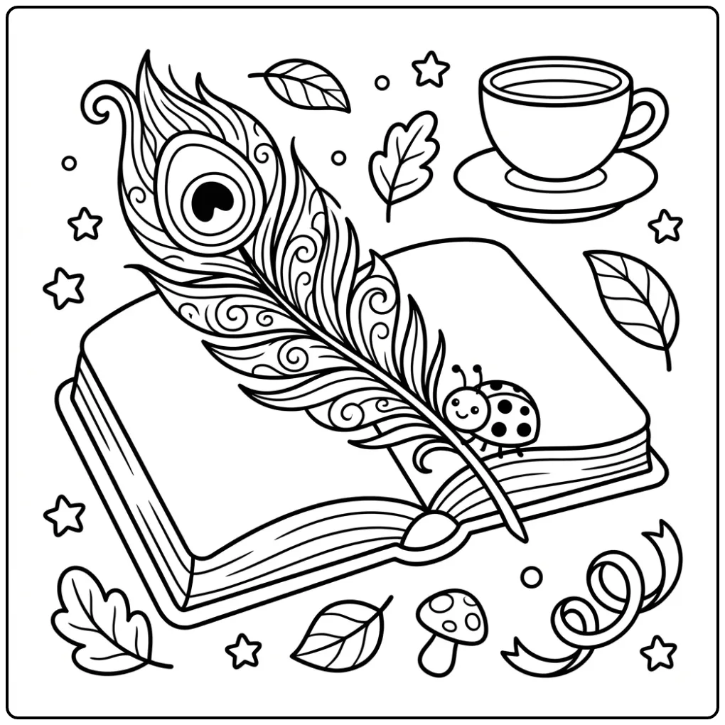 Peacock feather coloring page as a bookmark with a bug