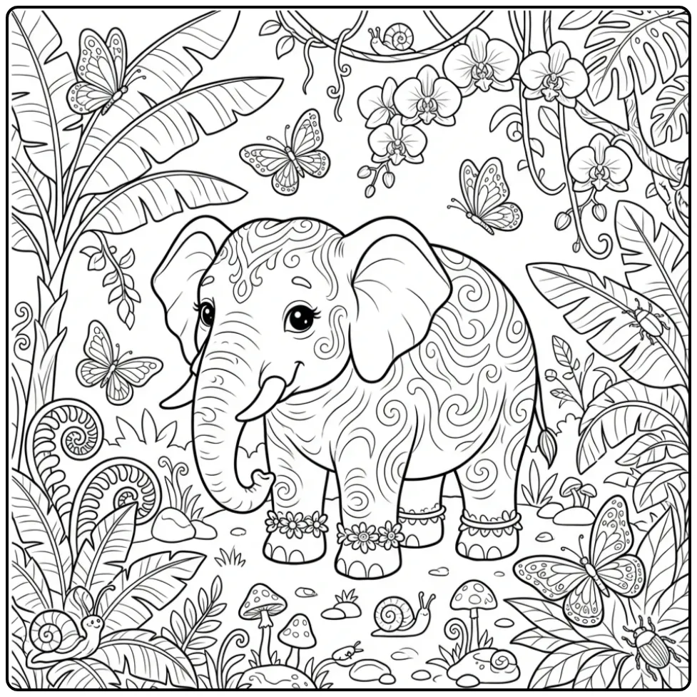 Difficult elephant coloring page in the jungle
