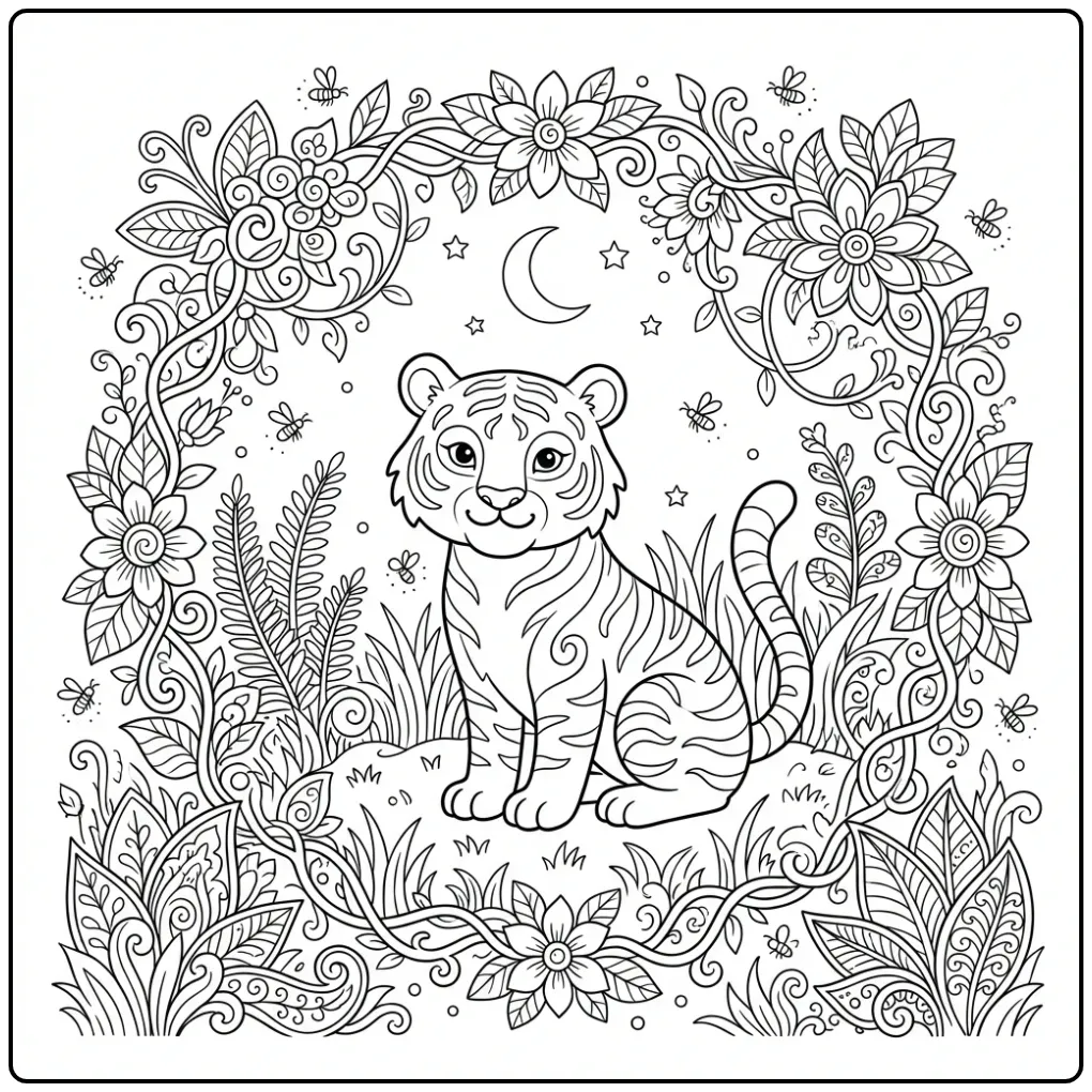 Difficult tiger coloring page with a jungle theme