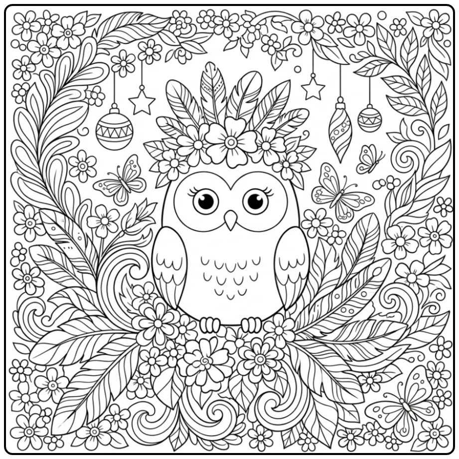 Difficult owl coloring page in a flower garden