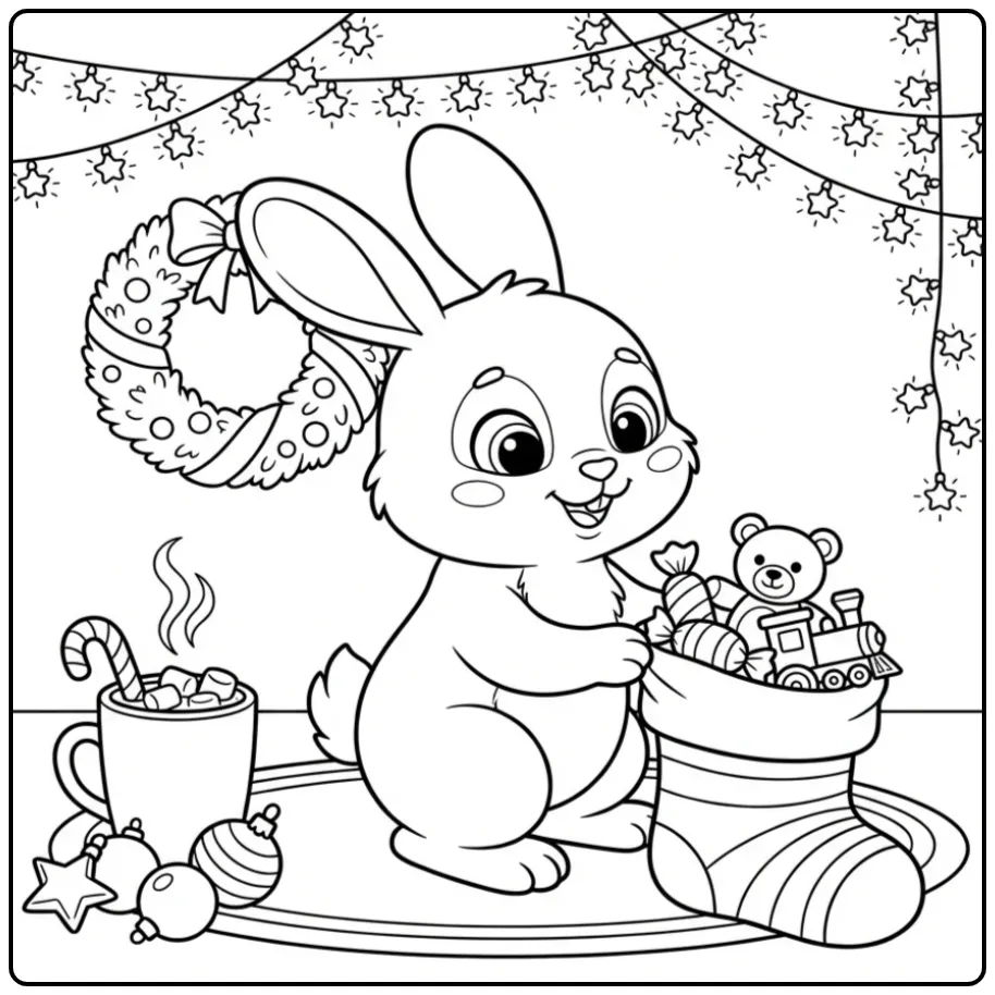 Christmas rabbit coloring page with a stocking and hot cocoa
