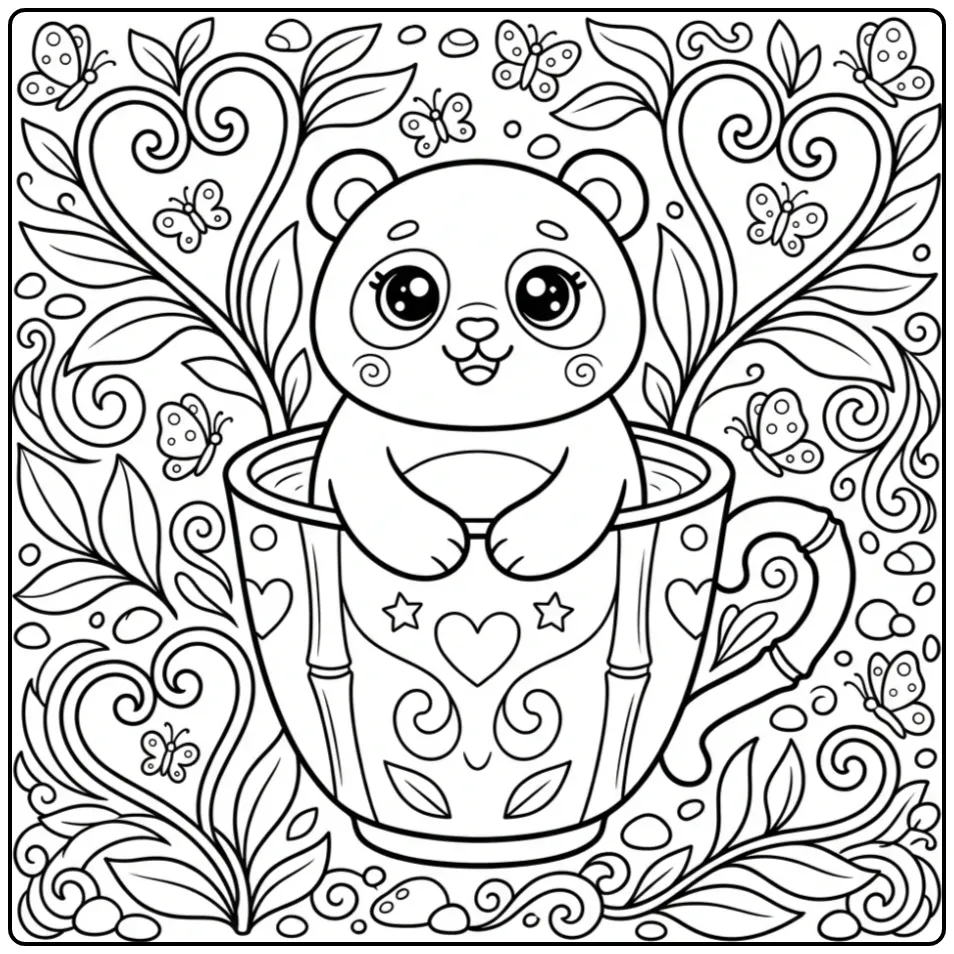 Kawaii panda coloring page in a teacup garden