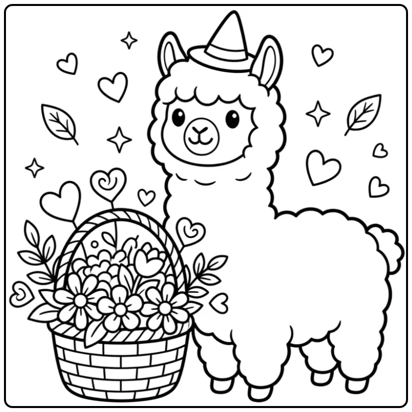Cute alpaca coloring page with a hat and flower basket