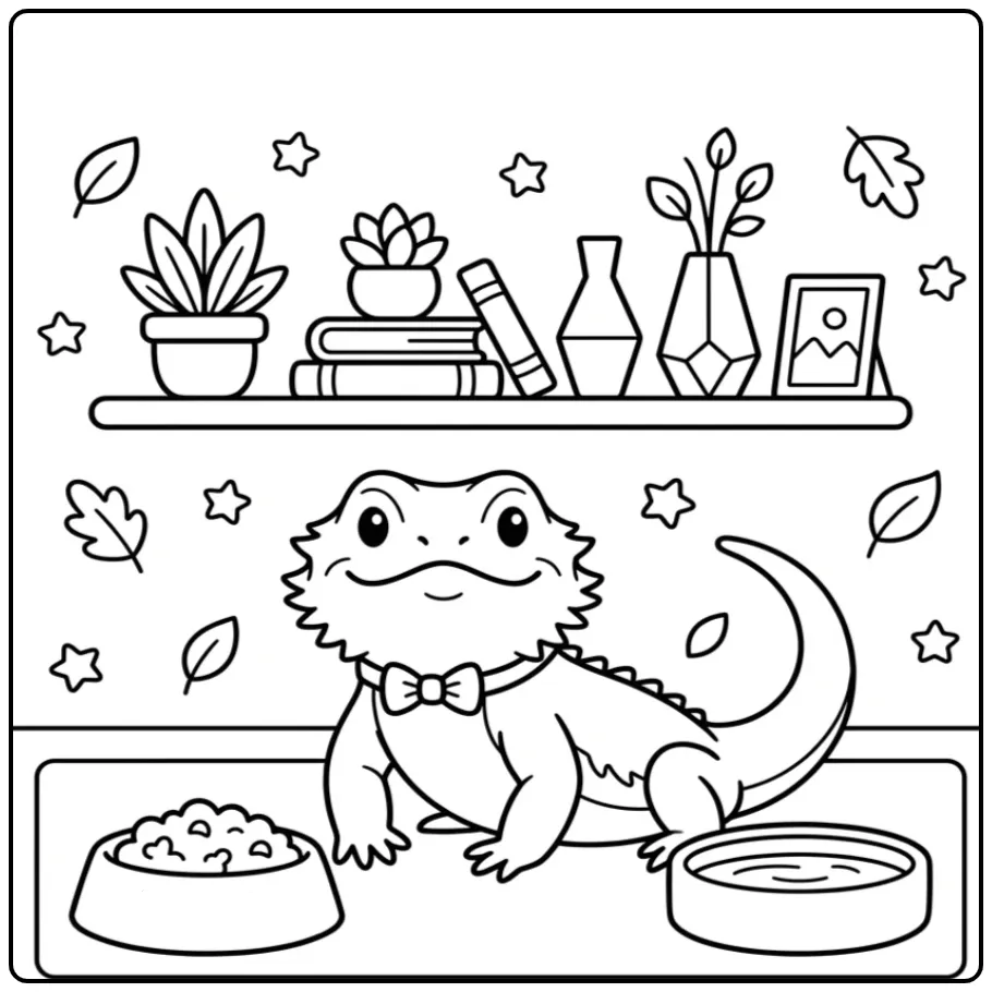 Cute bearded dragon coloring page with a bow tie and food bowls