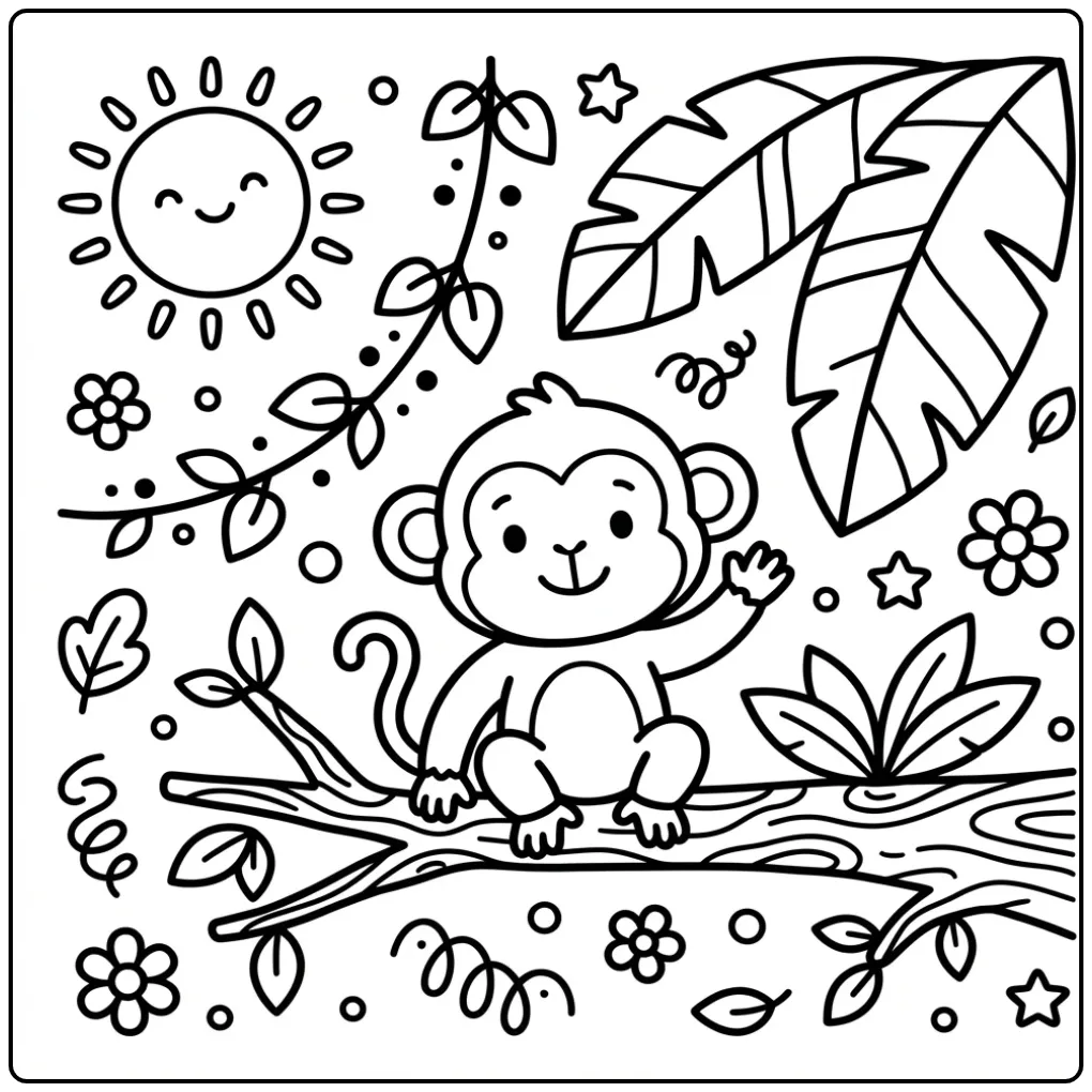 Easy monkey coloring page waving from a tree branch