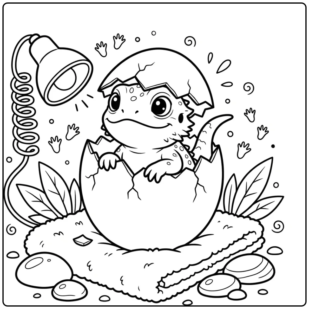 Baby bearded dragon coloring page hatching from a cracked egg
