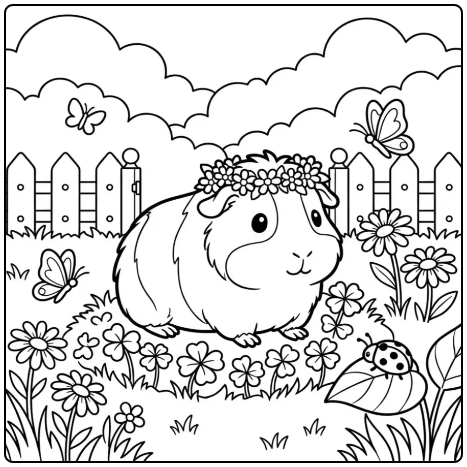 Cute Guinea Pig coloring page with a flower crown in the grass
