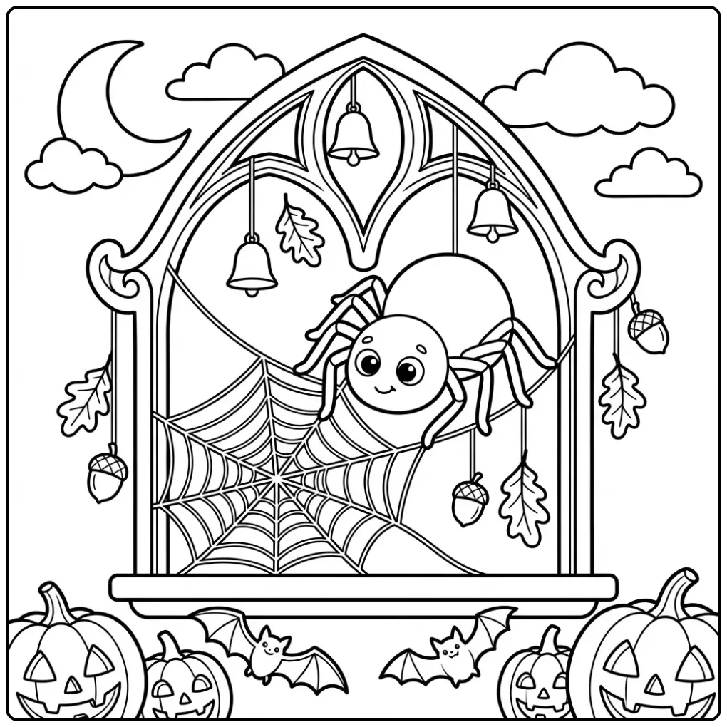 Halloween spider coloring page in a web by the window