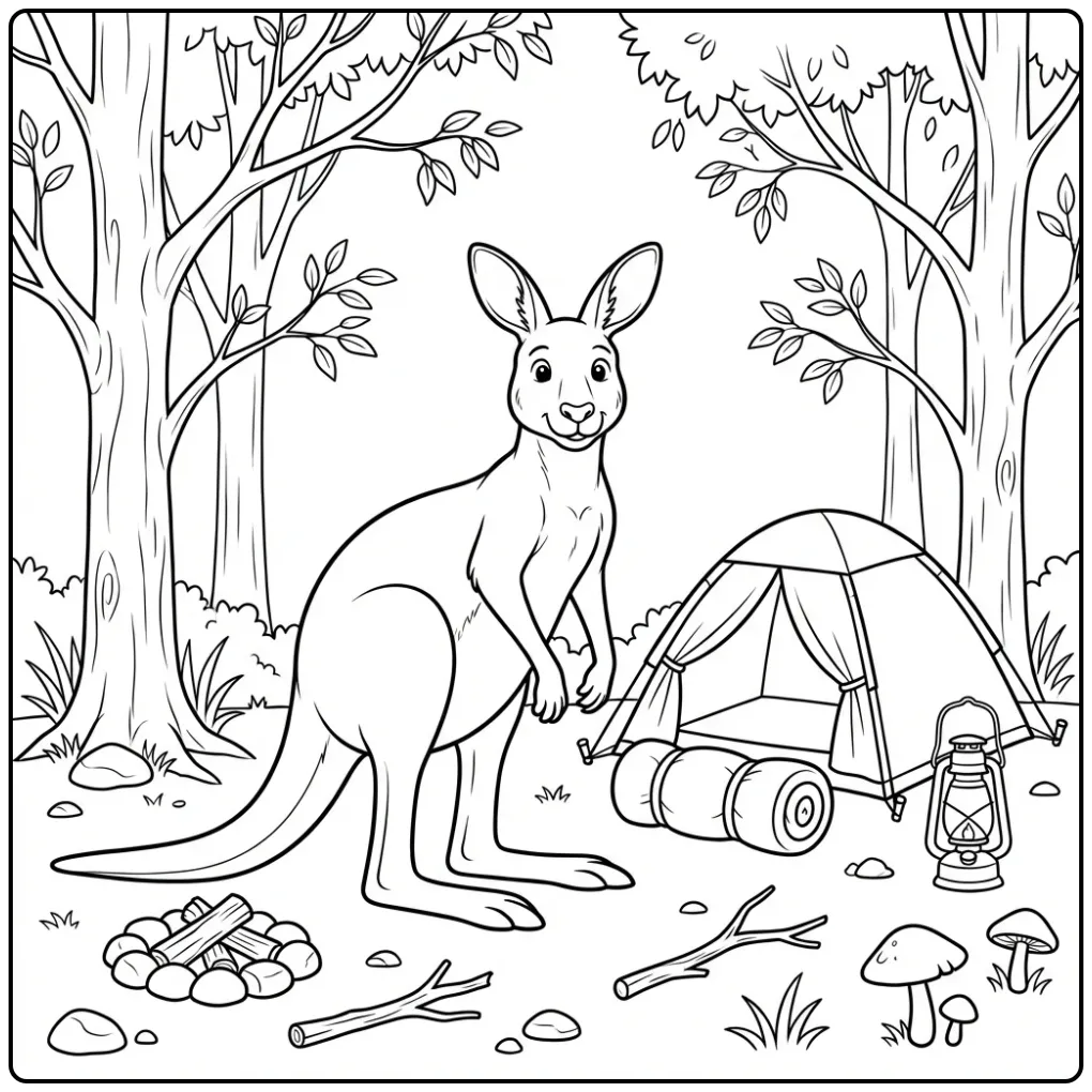 Kangaroo coloring page by a camping tent in the forest