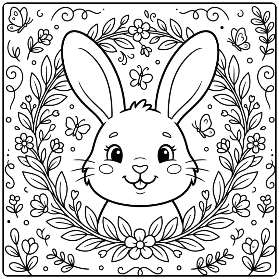 Rabbit head coloring page with flowers and butterflies