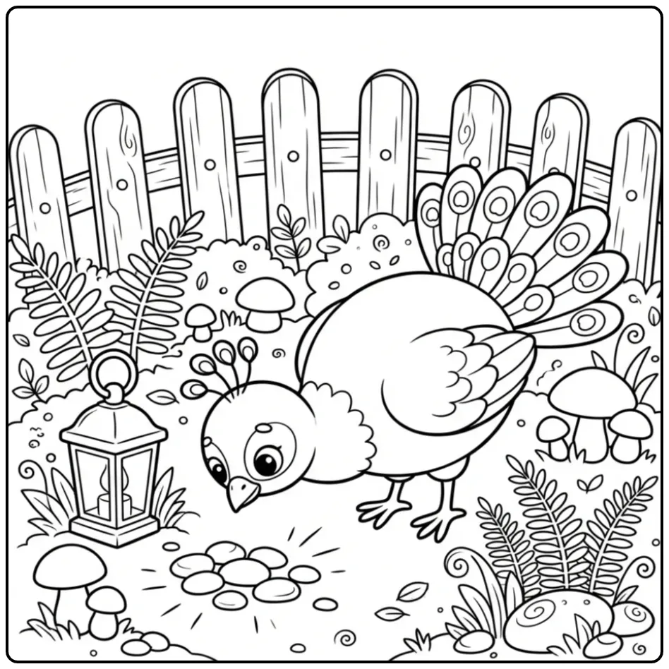 Peacock coloring page by a lantern in the garden