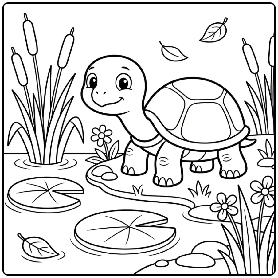 Easy turtle coloring page in a pond with water lilies