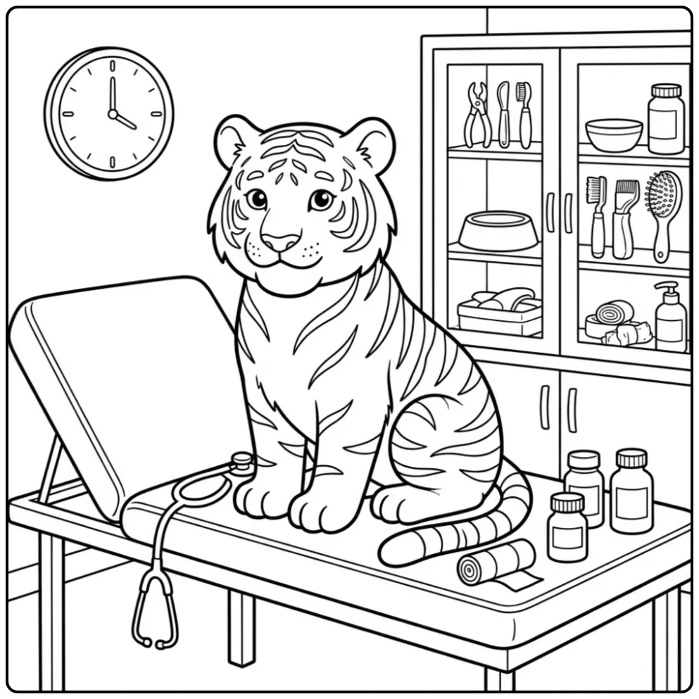 Tiger coloring page at the veterinarian