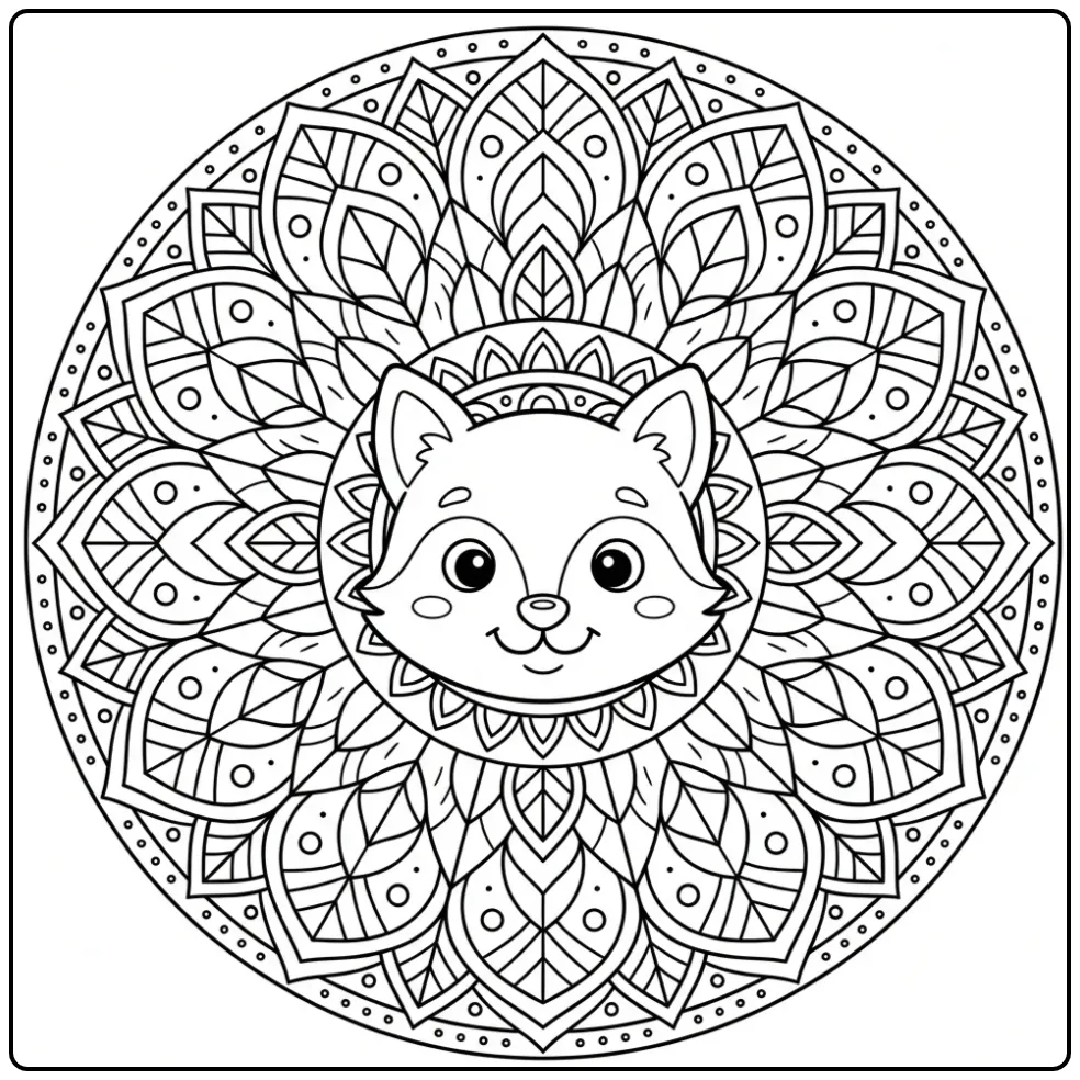 Mandala fox coloring page with a flower pattern