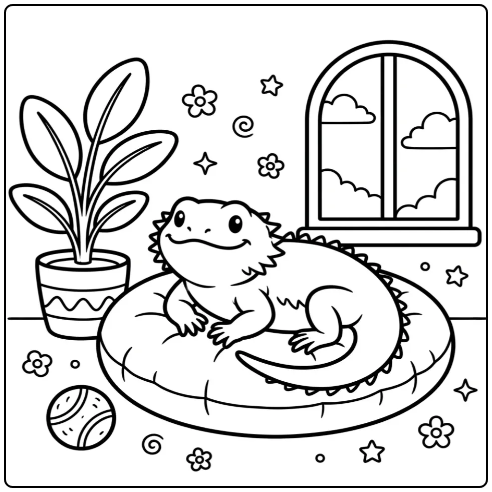 Cute bearded dragon coloring page on a cushion with a plant