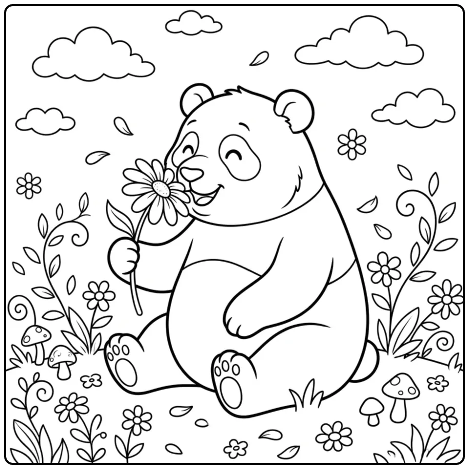Cute panda coloring page smelling a flower in a meadow