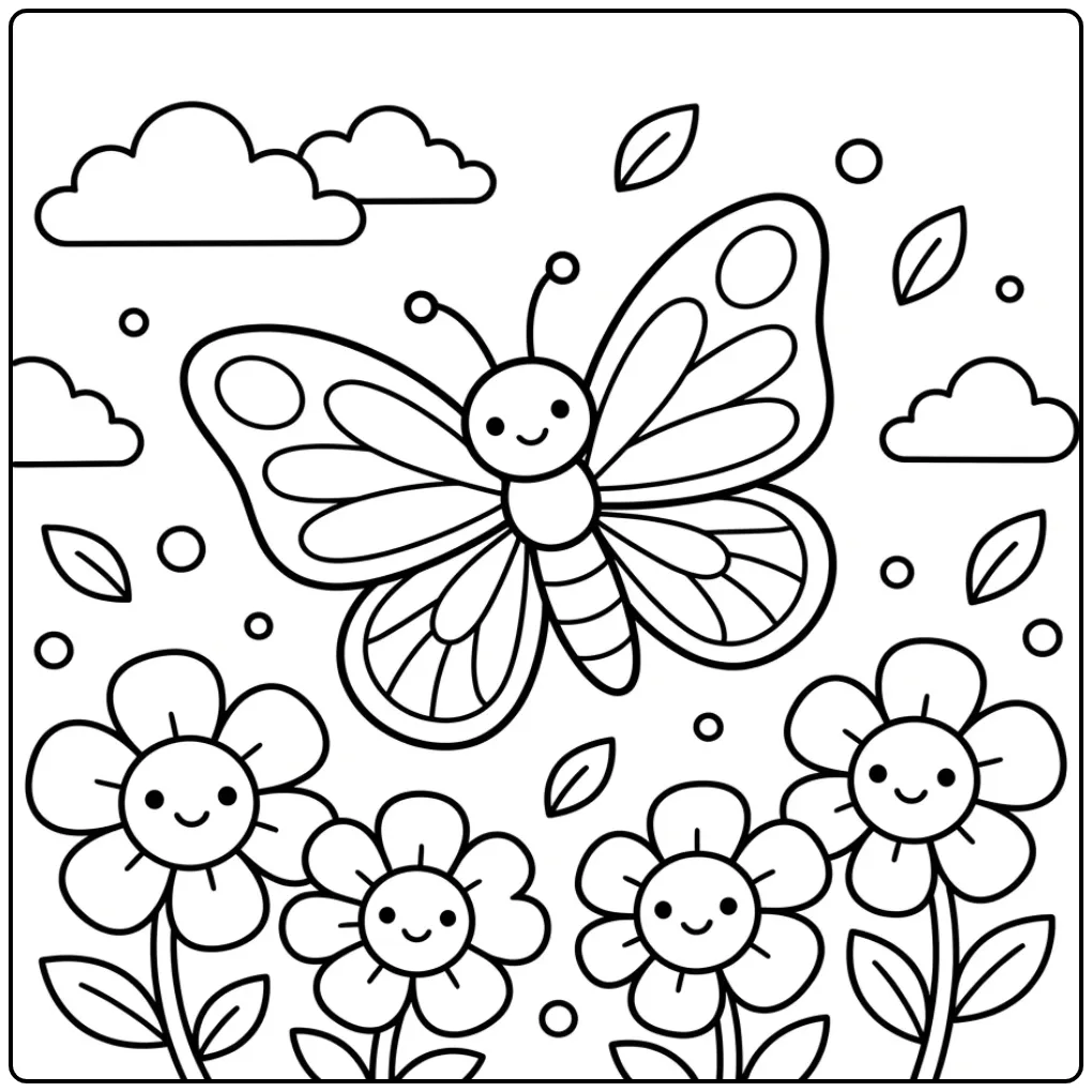 Easy adult butterfly coloring page with flowers