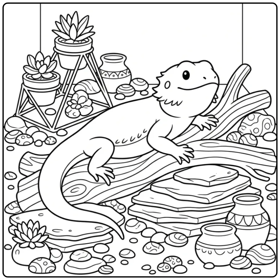 Detailed bearded dragon coloring page resting in a terrarium