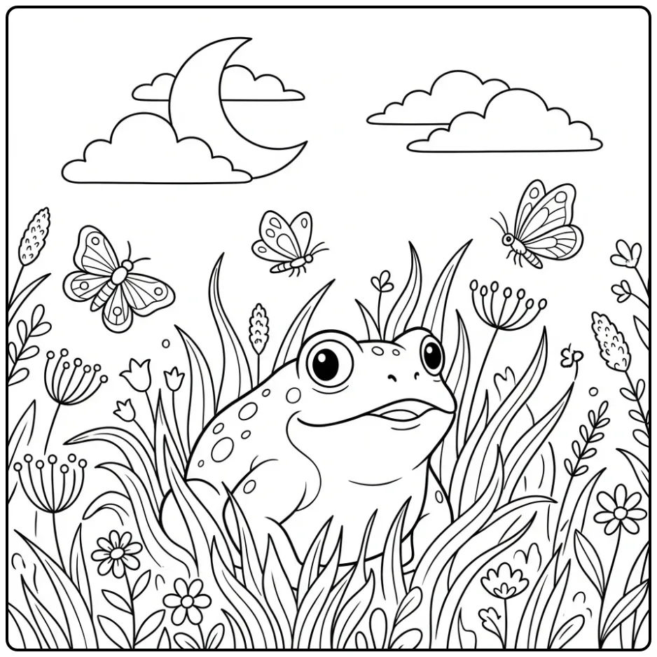 Realistic toad coloring page in moonlit grass