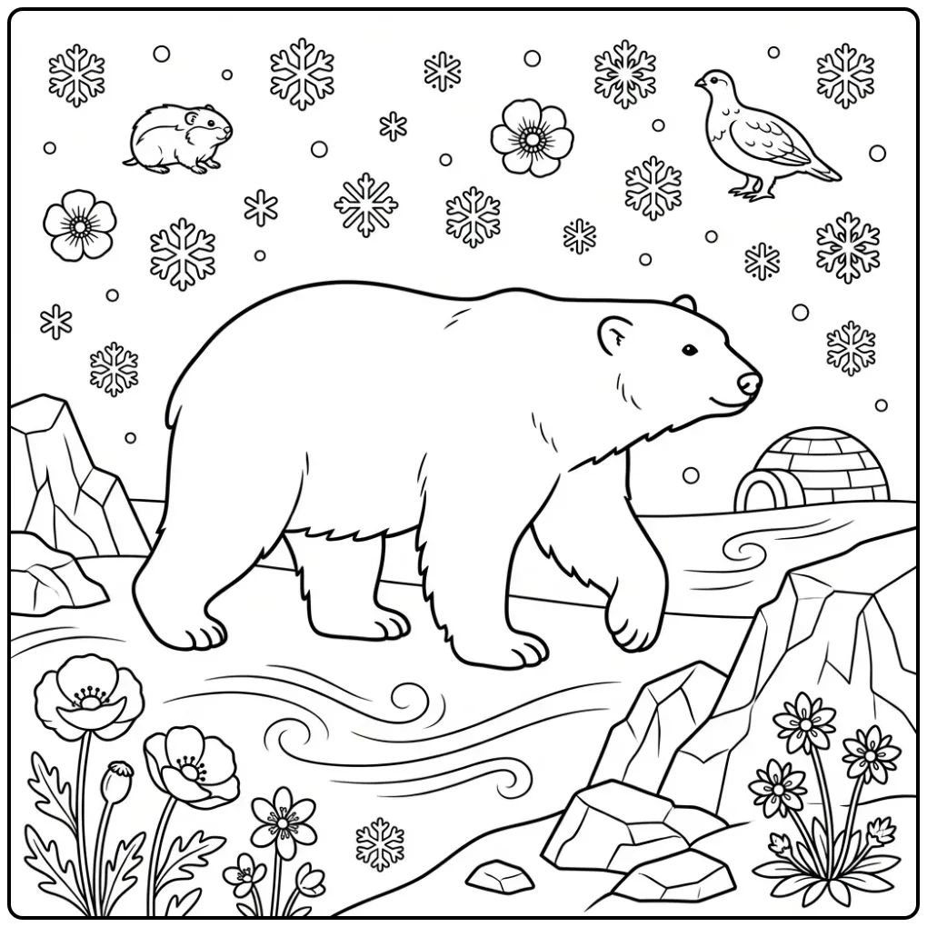 Polar bear coloring page walking across the tundra