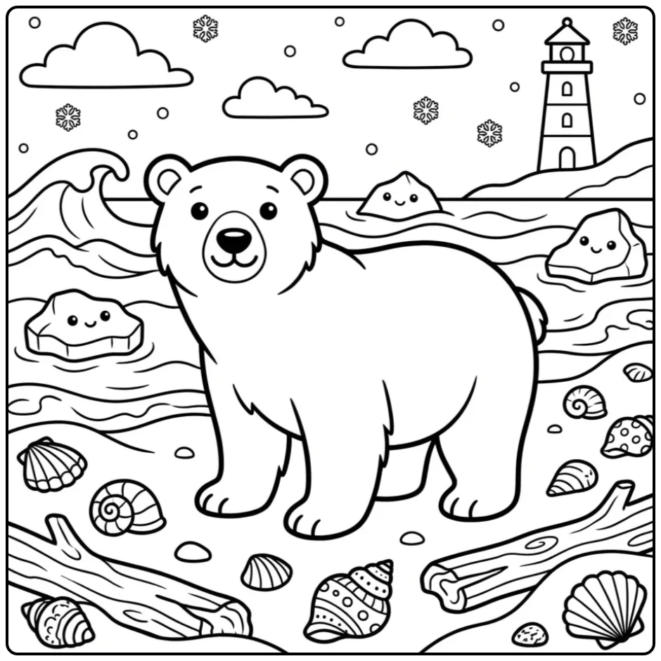Polar bear coloring page by the sea with a lighthouse