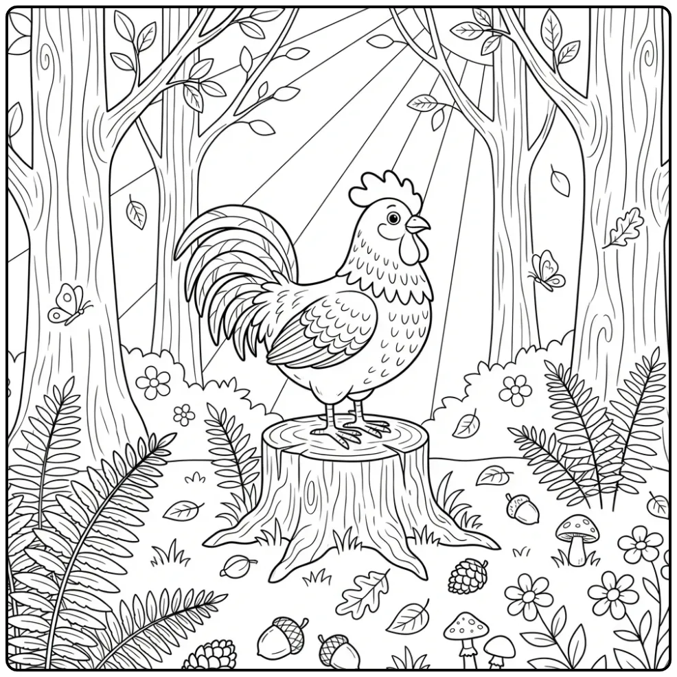 Rooster coloring page on a stump in the forest