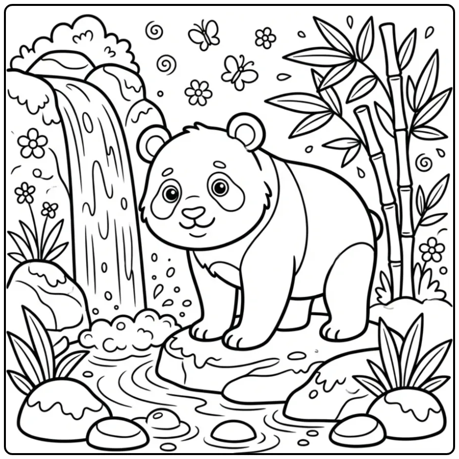 Panda coloring page by a waterfall with bamboo and stones