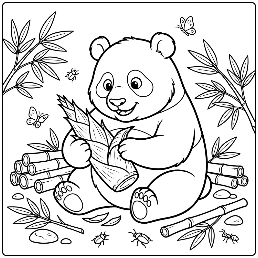 Panda with bamboo coloring page eating fresh bamboo
